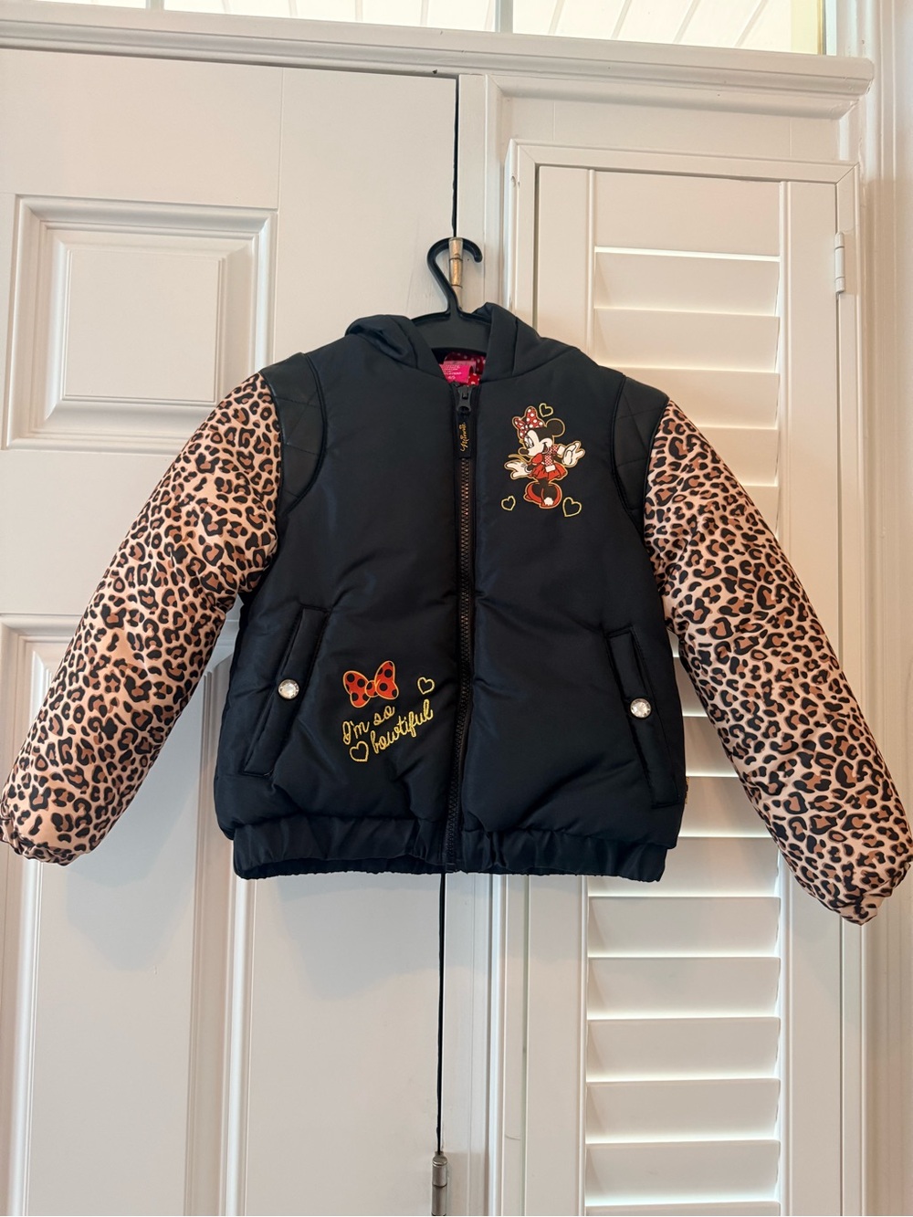 Disney Black Puffer Jacket with Leopard-Print Sleeves